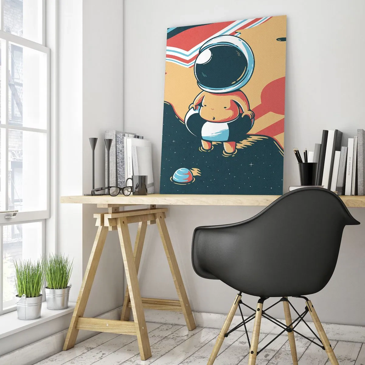 Glasbild - Bild auf glas - Lustiger Astronaut am Strand mit Weltraumelementen im Hintergrund - 70x100cm - Aus einer anderen Perspektive - Moderne Wanddekoration für Wohnzimmer und Schlafzimmer ARTTOR