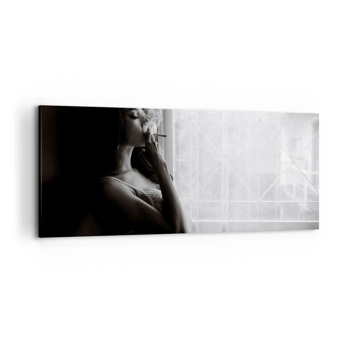Bild auf Leinwand - Leinwandbild - Eine Frau in sinnlicher Pose auf einem Schwarzweißfoto - 120x50cm - Sinnlicher Moment - Moderne Wanddekoration für Wohnzimmer und Schlafzimmer ARTTOR