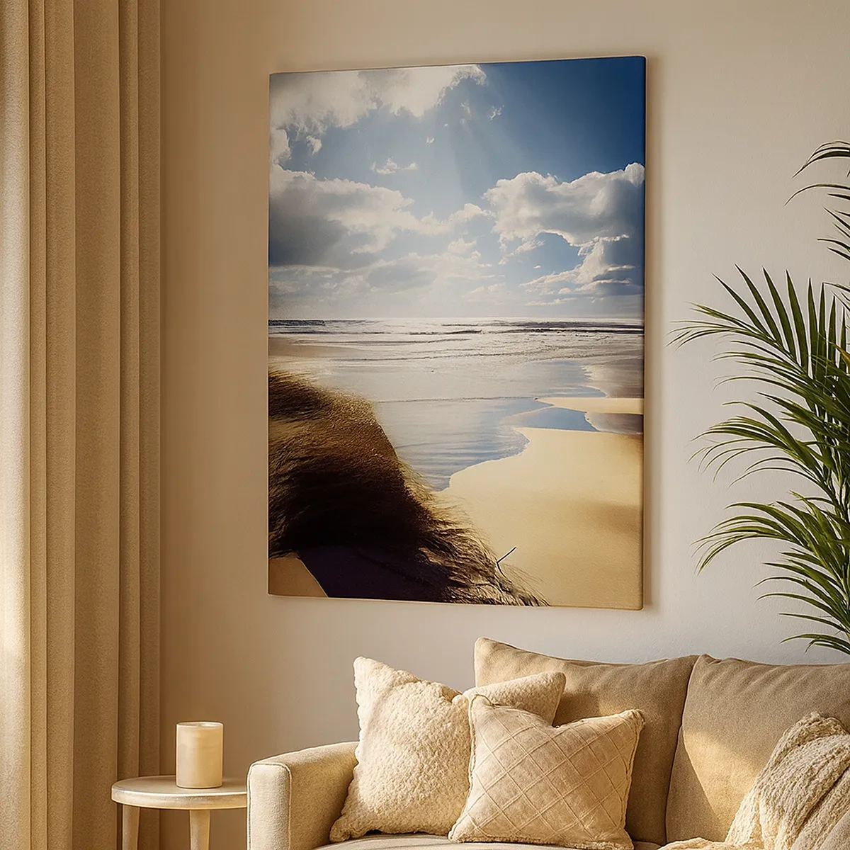 Bild auf Leinwand - Leinwandbild - Ein wilder Strand mit Dünen und blauem Himmel - 50x70cm - Strand, wilder Strand - Moderne Wanddekoration für Wohnzimmer und Schlafzimmer ARTTOR