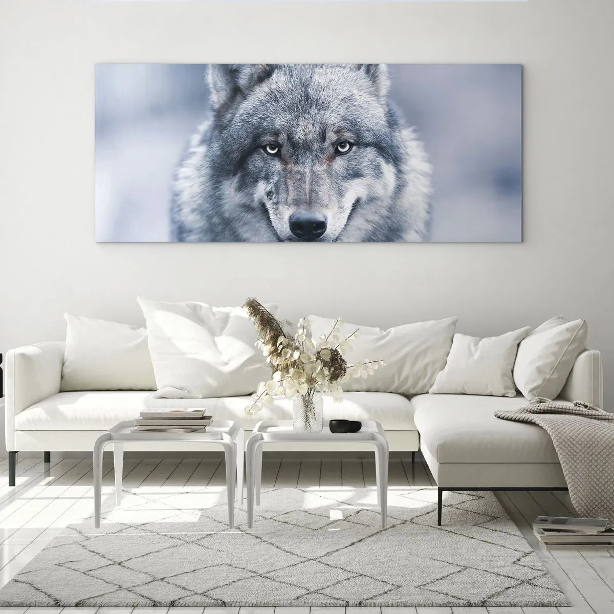 Glasbild - Bild auf glas - Ein Wolf mit intensivem Blick in einer Winterlandschaft - 140x50cm - Werden Sie die Herausforderung annehmen? - Moderne Wanddekoration für Wohnzimmer und Schlafzimmer ARTTOR