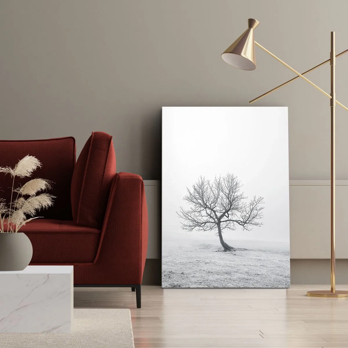 Bild auf Leinwand - Leinwandbild - Ein einsamer Baum im Winternebel auf einem leeren Feld - 50x70cm - Gegen das Nichts - Moderne Wanddekoration für Wohnzimmer und Schlafzimmer ARTTOR