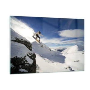 Glasbild - Bild auf glas - Ein Snowboarder springt im Winter von einer Klippe in den Bergen - 120x80cm - Freiheit ohne Grenzen - Moderne Wanddekoration für Wohnzimmer und Schlafzimmer ARTTOR