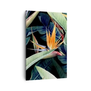 Bild auf Leinwand - Leinwandbild - Tropische Blumen und Blätter auf schwarzem Hintergrund - 80x120cm - Flammende Blumen der Tropen - Moderne Wanddekoration für Wohnzimmer und Schlafzimmer ARTTOR