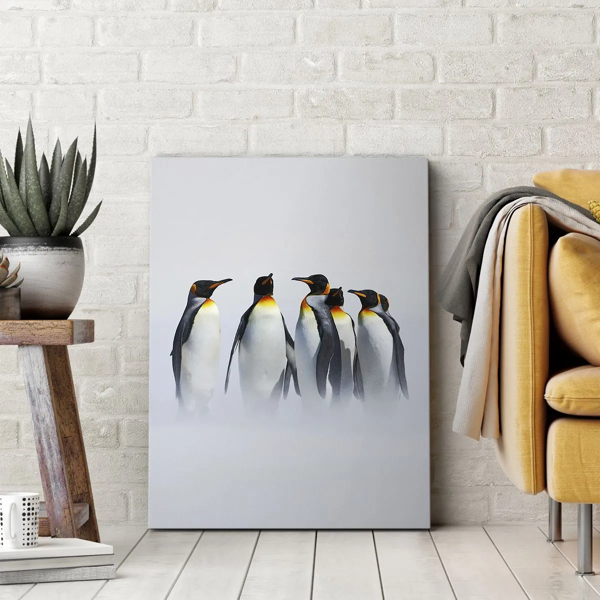 Bild auf Leinwand - Leinwandbild - Eine Gruppe Kaiserpinguine im Winternebel - 80x120cm - Treffen in Abendkleidern - Moderne Wanddekoration für Wohnzimmer und Schlafzimmer ARTTOR