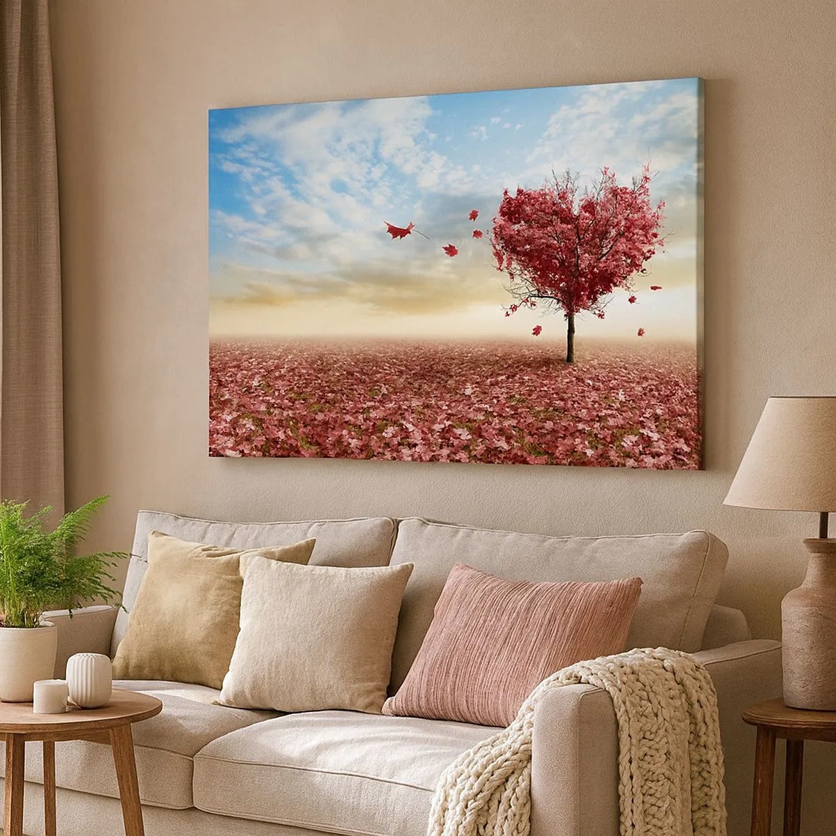 Bild auf Leinwand - Leinwandbild - Ein einsamer herzförmiger Baum in einem Feld aus roten Blättern - 70x50cm - Verliebe dich auch - Moderne Wanddekoration für Wohnzimmer und Schlafzimmer ARTTOR