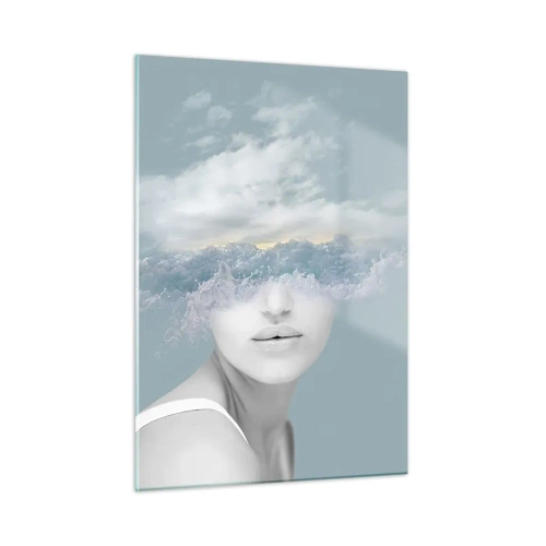 Glasbild - Bild auf glas - Das Gesicht einer Frau verschmilzt in einer surrealen Vision mit Himmel und Wolken. - 50x70cm - Mit dem Kopf in den Wolken - Moderne Wanddekoration für Wohnzimmer und Schlafzimmer ARTTOR