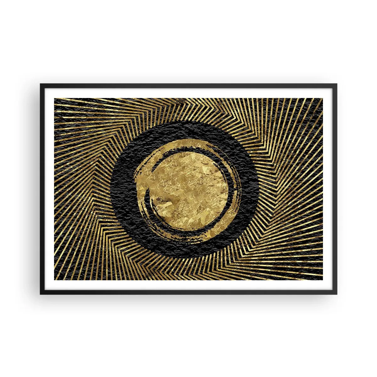 Poster in einem schwarzem Rahmen - Geometrische Komposition in Schwarz und Gold mit Strahlen - 100x70cm - Glamour-Komposition - Moderne Wanddekoration für Wohnzimmer und Schlafzimmer ARTTOR