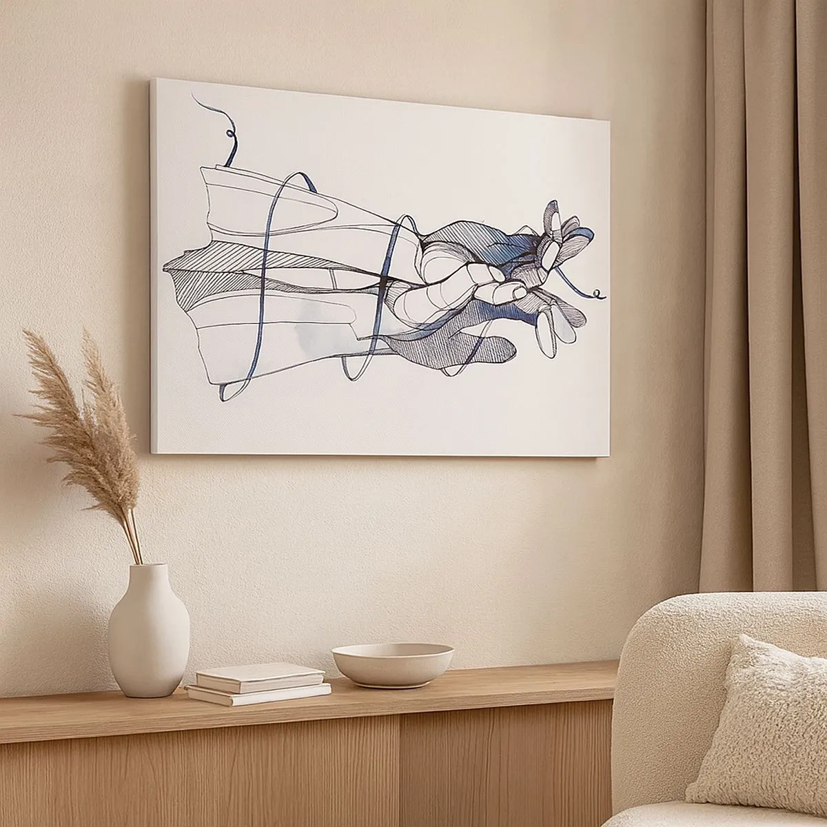 Bild auf Leinwand - Leinwandbild - Eine subtile Zeichnung einer Hand mit einer zarten Blume - 70x50cm - Touch-Studie - Moderne Wanddekoration für Wohnzimmer und Schlafzimmer ARTTOR