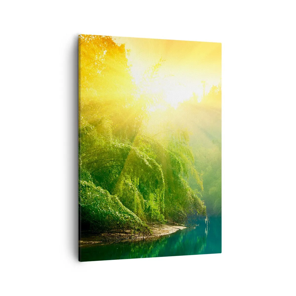 Bild auf Leinwand - Leinwandbild - Ein grüner Wald am Fluss, beleuchtet von den Strahlen der aufgehenden Sonne - 50x70cm - In Sonne und Schatten ertrinken - Moderne Wanddekoration für Wohnzimmer und Schlafzimmer ARTTOR