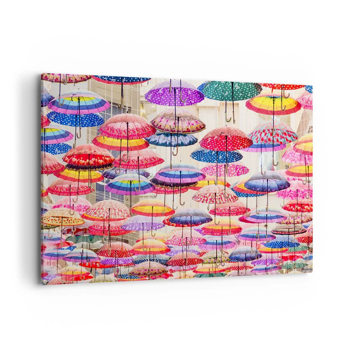Bild auf Leinwand - Leinwandbild - Bunte Regenschirme schweben in der Luft - 120x80cm - Stadtwiese - Moderne Wanddekoration für Wohnzimmer und Schlafzimmer ARTTOR