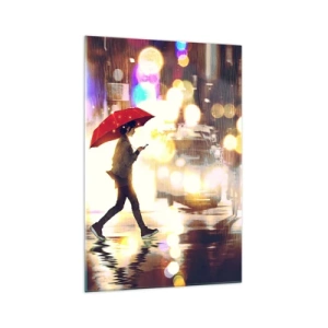 Glasbild - Bild auf glas - Eine Figur mit einem roten Regenschirm auf der Straße im Regen - 70x100cm - Und doch sonnig - Moderne Wanddekoration für Wohnzimmer und Schlafzimmer ARTTOR