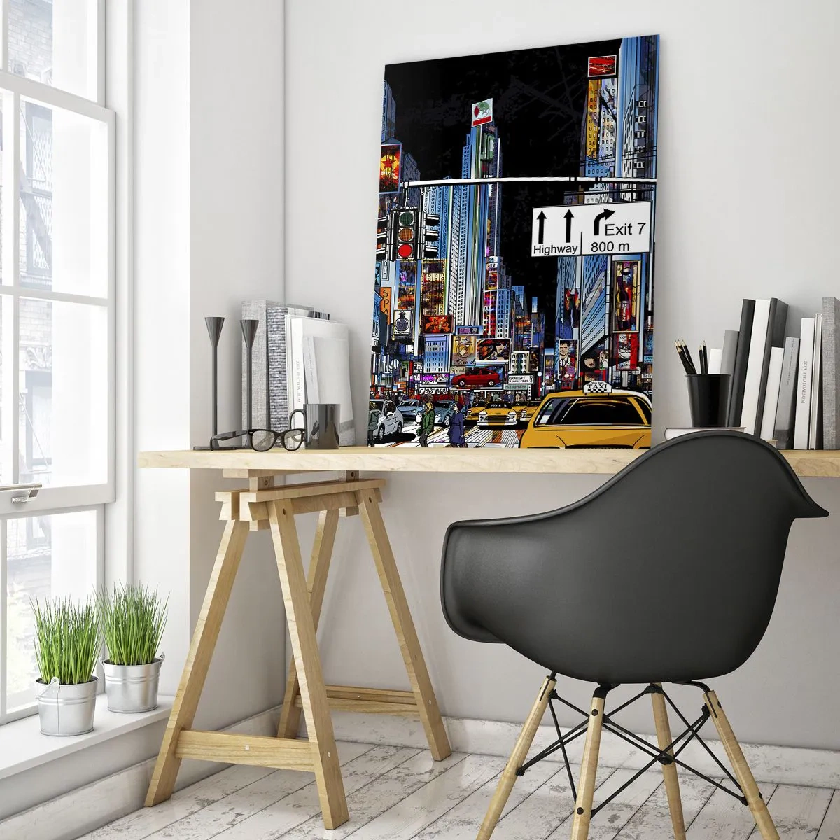 Glasbild - Bild auf glas - Eine belebte Straße mit gelben Taxis und Neonschildern - 50x70cm - Comicbuch große Nacht - Moderne Wanddekoration für Wohnzimmer und Schlafzimmer ARTTOR