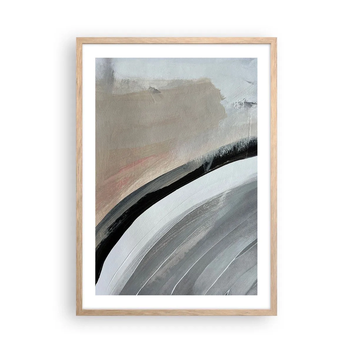 Poster in einem Rahmen aus heller Eiche - Komposition: Bogen aus Schwarz und Grau - 50x70 cm