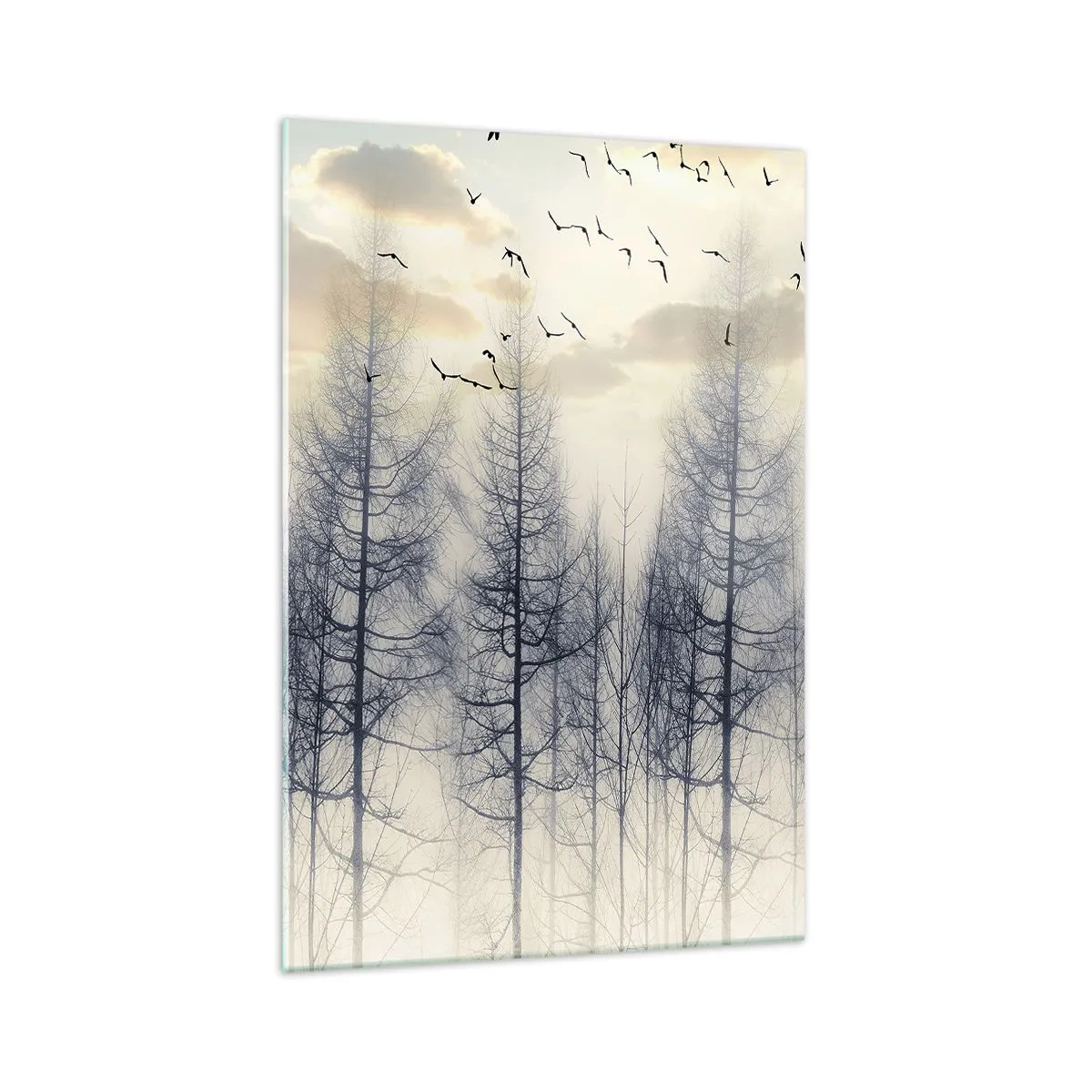 Glasbild - Bild auf glas - Nebliger Wald mit Vögeln vor dem Sonnenuntergangshimmel - 70x100cm - Waldgeister - Moderne Wanddekoration für Wohnzimmer und Schlafzimmer ARTTOR