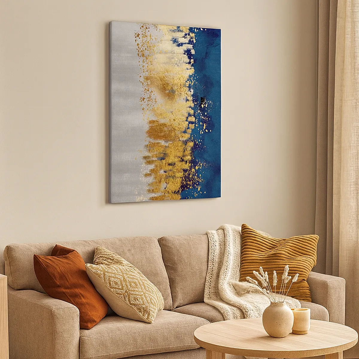 Bild auf Leinwand - Leinwandbild - Eine abstrakte Komposition in Gold- und Marineblautönen. - 50x70cm - Moderne Komposition mit Glanz - Moderne Wanddekoration für Wohnzimmer und Schlafzimmer ARTTOR