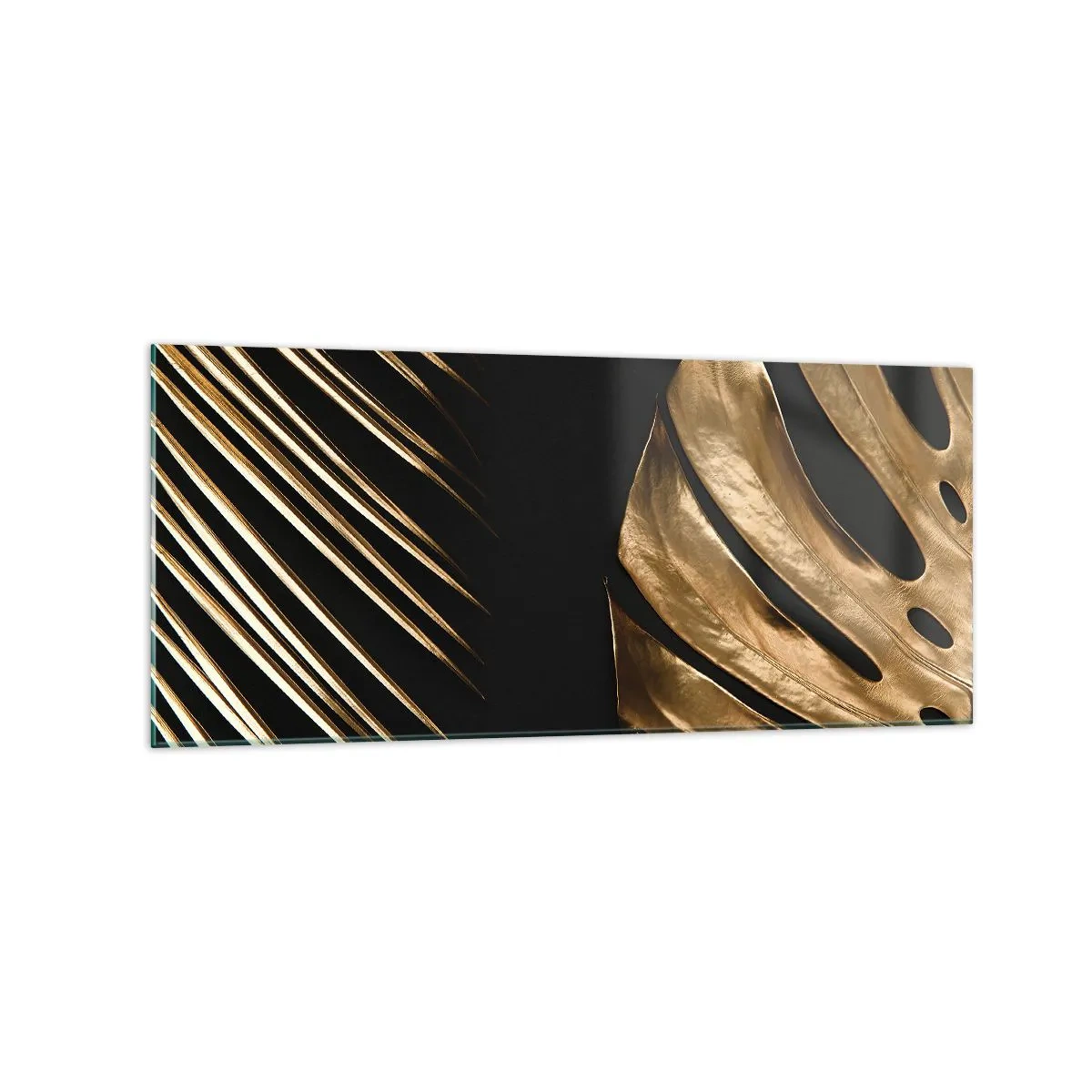 Glasbild - Bild auf glas - Goldene Blätter auf schwarzem Hintergrund - 120x50cm - Anders und genauso teuer - Moderne Wanddekoration für Wohnzimmer und Schlafzimmer ARTTOR