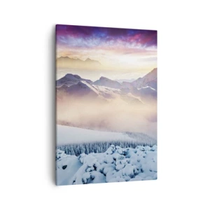 Bild auf Leinwand - Leinwandbild - Schneebedeckte Berge im Morgengrauen mit einem farbenfrohen Himmel - 50x70cm - Die Kraft und Reinheit der Natur - Moderne Wanddekoration für Wohnzimmer und Schlafzimmer ARTTOR