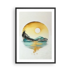 Poster in einem schwarzem Rahmen - Eine minimalistische Landschaft aus Bergen über Wasser in goldenen Farben - 50x70cm - Im Kreis der Schönheit - Moderne Wanddekoration für Wohnzimmer und Schlafzimmer ARTTOR