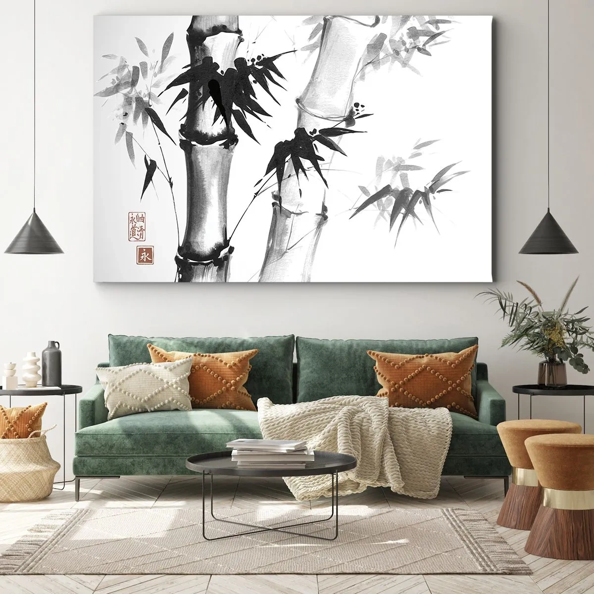 Bild auf Leinwand - Leinwandbild - Aquarell-Bambus im japanischen Stil auf weißem Hintergrund - 120x80cm - Dem Orient ganz nah - Moderne Wanddekoration für Wohnzimmer und Schlafzimmer ARTTOR