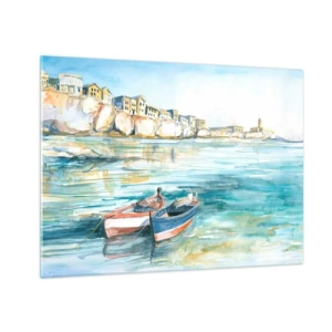 Glasbild - Bild auf glas - Eine aquamarinblaue Bucht mit Booten und Gebäuden auf der Klippe - 70x50cm - Landschaft in Azurblau - Moderne Wanddekoration für Wohnzimmer und Schlafzimmer ARTTOR