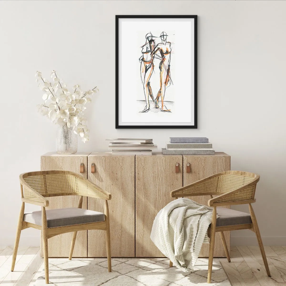 Poster in einem schwarzem Rahmen - Abstrakte Skizze zweier Figuren in warmen Farben. - 50x70cm - Studie der Gnade - Moderne Wanddekoration für Wohnzimmer und Schlafzimmer ARTTOR