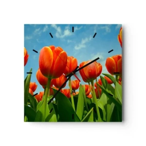 Wanduhr - Glasuhr - Ein Feld mit roten und orangefarbenen Tulpen vor blauem Himmel - 30x30cm - Außer dem blauen Himmel brauchen sie nichts in ihrem Leben - Moderne Wanddekoration für Wohnzimmer und Schlafzimmer ARTTOR