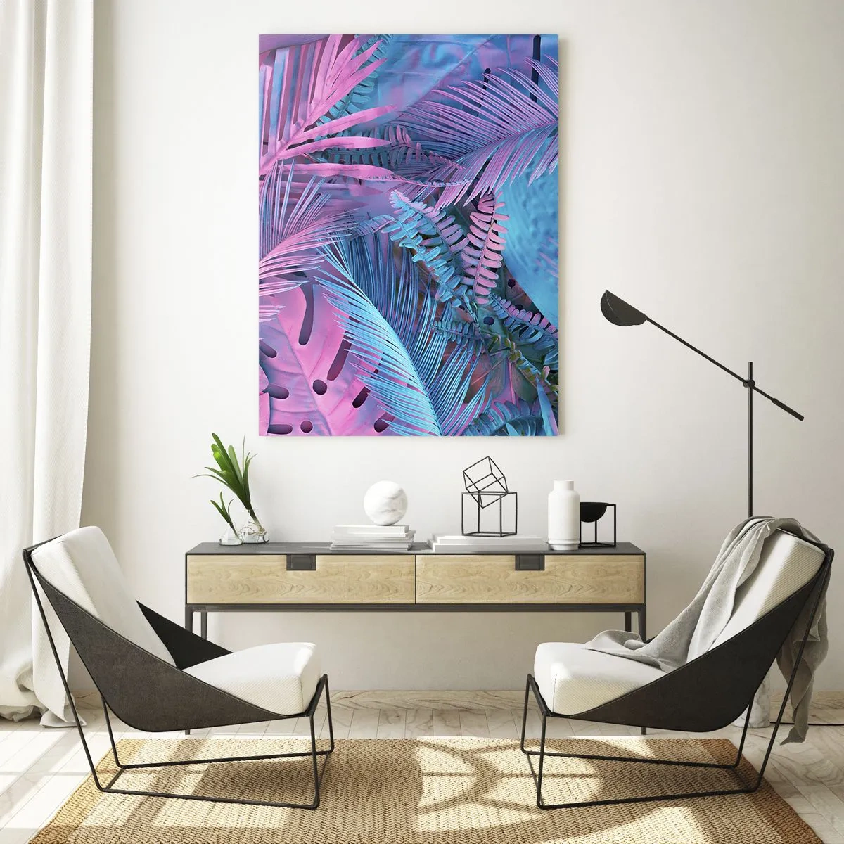 Glasbild - Bild auf glas - Tropische Blätter in Rosa- und Blautönen auf neonfarbenem Hintergrund - 50x70cm - Tropen in Rosa und Blau - Moderne Wanddekoration für Wohnzimmer und Schlafzimmer ARTTOR