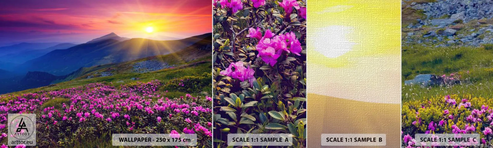 Fototapeten Muster Premium Canvas - … Und drumherum duftet es nach Latschenkiefer und dem Duft von Kräutern - Landschaft, Berge, Sonnenuntergang - 100x30 cm