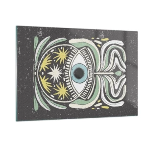 Glasbild - Bild auf glas - Grafisches Auge mit Stammesornamentik auf dunklem Hintergrund - 120x80cm - Stammesrituale - Moderne Wanddekoration für Wohnzimmer und Schlafzimmer ARTTOR