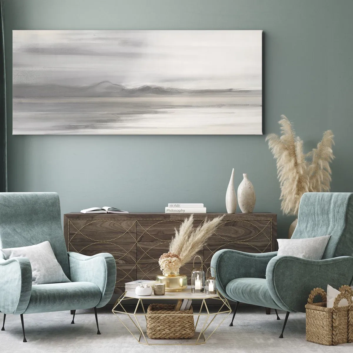 Bild auf Leinwand - Leinwandbild - Eine subtile Landschaft in Grau- und Beigetönen - 140x50cm - Nachdenkliche Distanz - Moderne Wanddekoration für Wohnzimmer und Schlafzimmer ARTTOR