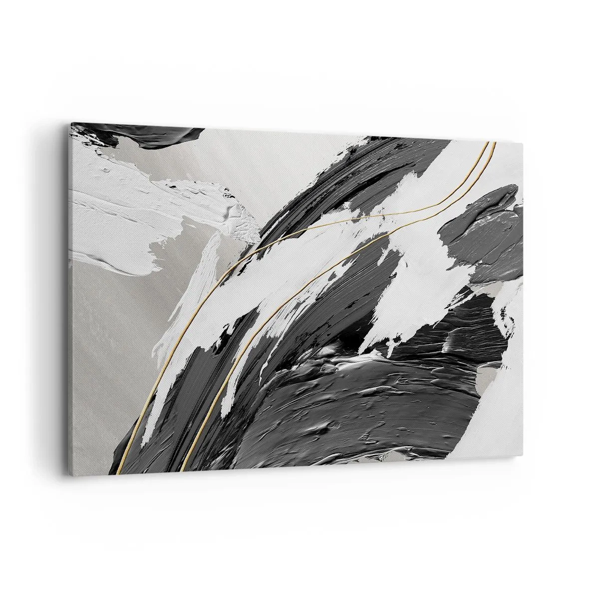 Bild auf Leinwand - Leinwandbild - Schwarze und weiße Pinselstriche mit einem subtilen goldenen Akzent - 120x80cm - Abstraktion in großem Stil - Moderne Wanddekoration für Wohnzimmer und Schlafzimmer ARTTOR