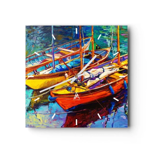 Wanduhr - Glasuhr - Bunte Boote auf ruhigem Wasser - 30x30cm - Auf Wasser dick mit Farben - Moderne Wanddekoration für Wohnzimmer und Schlafzimmer ARTTOR