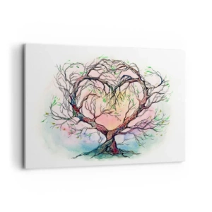 Bild auf Leinwand - Leinwandbild - Ein herzförmiger Baum vor einem Hintergrund aus zarten Pastellfarben - 100x70cm - Gemeinsam gegen die Stürme - Moderne Wanddekoration für Wohnzimmer und Schlafzimmer ARTTOR