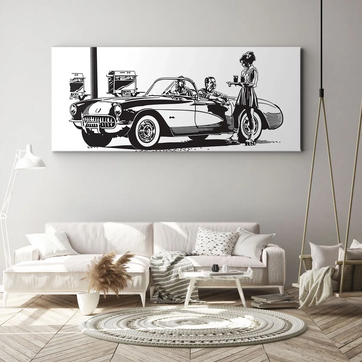 Bild auf Leinwand - Leinwandbild - Eine schwarz-weiße Retro-Szene mit einem Auto und einer Kellnerin auf Rollschuhen. - 140x50cm - 60. - unbeschwertes Amerika - Moderne Wanddekoration für Wohnzimmer und Schlafzimmer ARTTOR