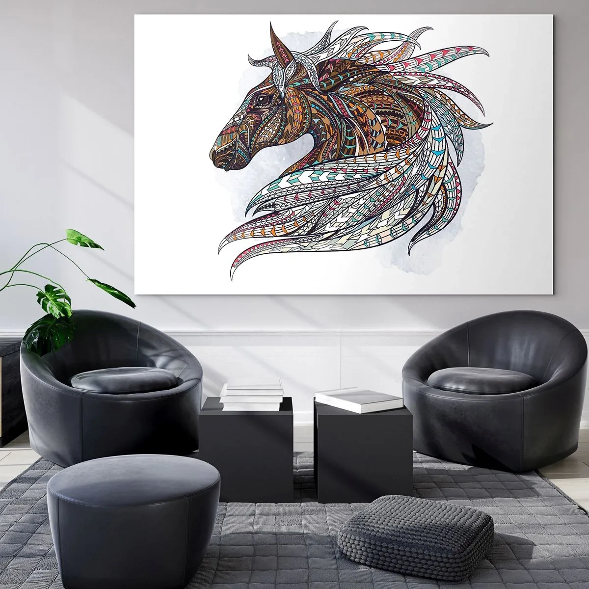 Glasbild - Bild auf glas - Buntes Pferd im künstlerischen Stil mit geometrischen Mustern - 120x80cm - Keltisches Kriegsross - Moderne Wanddekoration für Wohnzimmer und Schlafzimmer ARTTOR