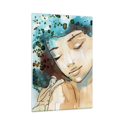 Glasbild - Bild auf glas - Porträt einer Frau in zarten Aquarellfarben - 80x120cm - Dame in Blau - Moderne Wanddekoration für Wohnzimmer und Schlafzimmer ARTTOR