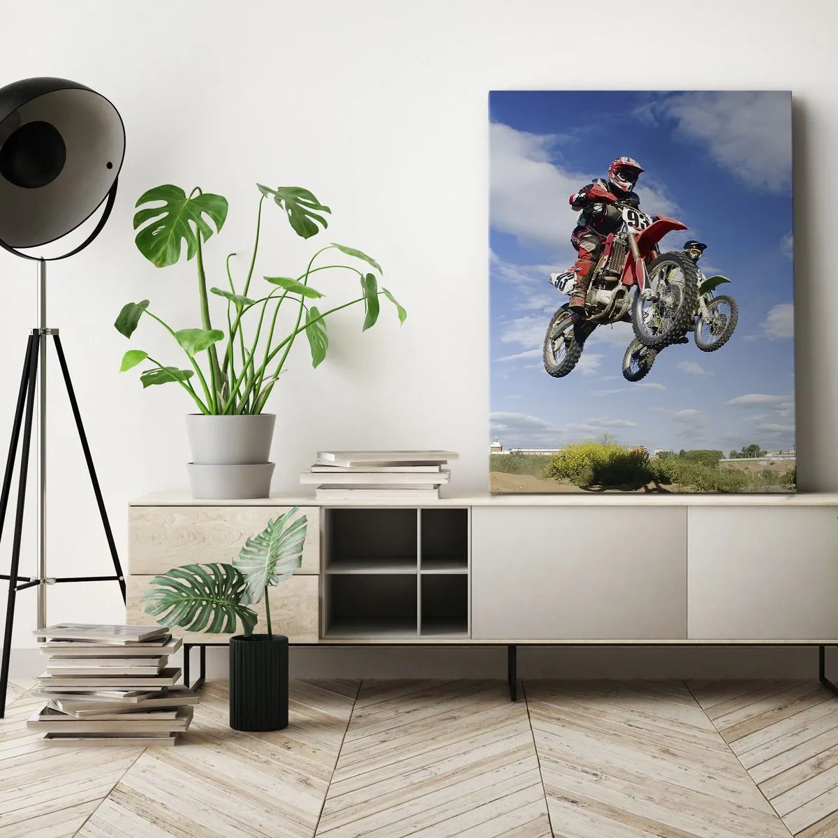 Bild auf Leinwand - Leinwandbild - Fahrer auf Motocross-Motorrädern in der Luft während eines Sprunges - 80x120cm - Himmelssprung - Moderne Wanddekoration für Wohnzimmer und Schlafzimmer ARTTOR