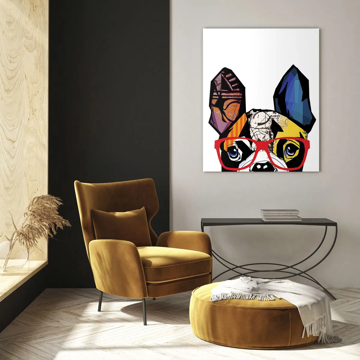 Glasbild - Bild auf glas - Bulldogge in einer bunten Illustration mit roter Brille - 70x100cm - Intellektuelle - Moderne Wanddekoration für Wohnzimmer und Schlafzimmer ARTTOR