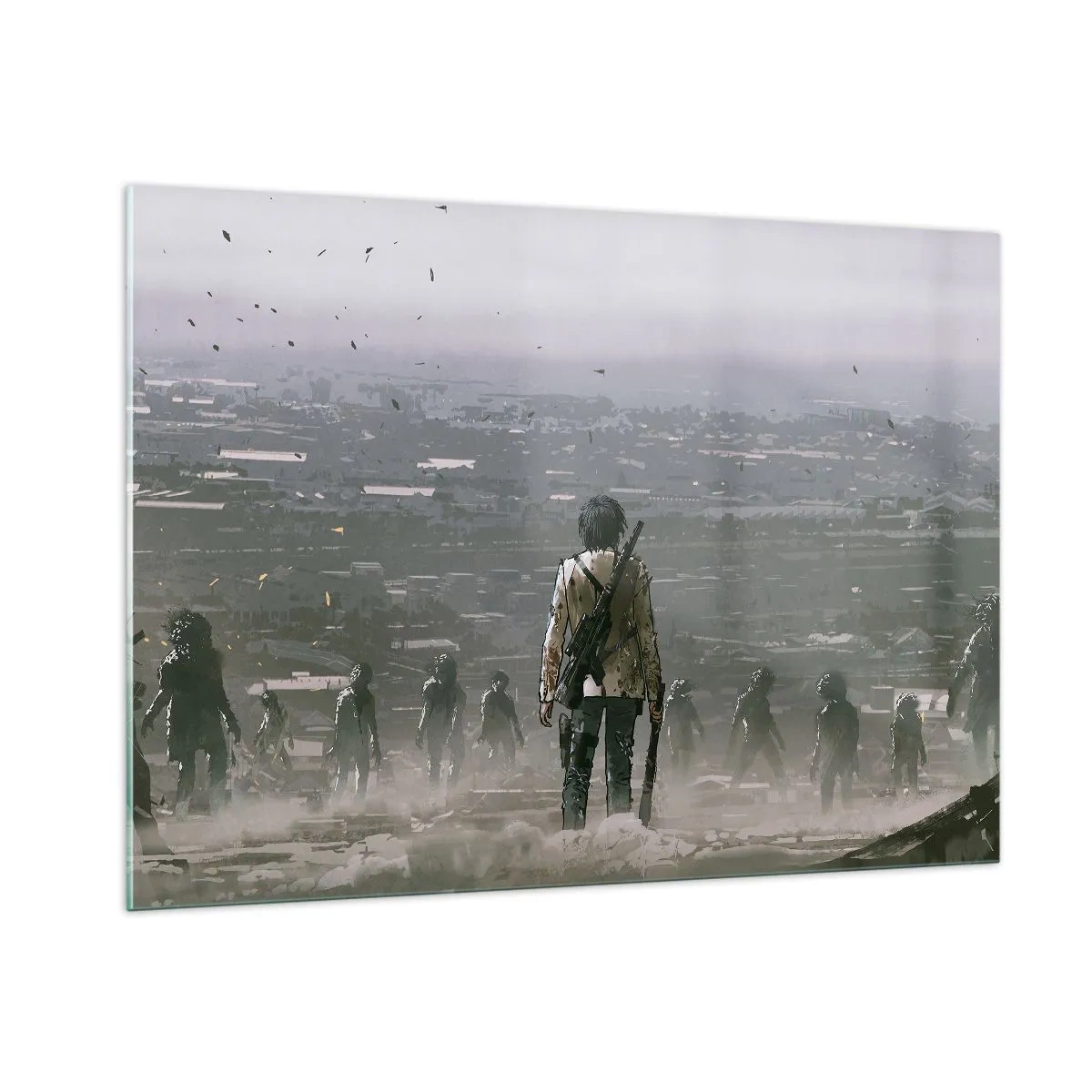 Glasbild - Bild auf glas - Eine Figur mit einem Gewehr in der dunklen Szenerie einer sich nähernden Gruppe - 100x70cm - Letzter Gerechter? - Moderne Wanddekoration für Wohnzimmer und Schlafzimmer ARTTOR