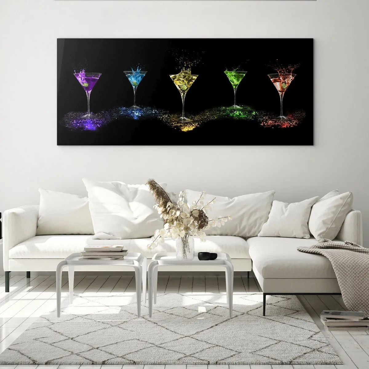 Glasbild - Bild auf glas - Bunte Cocktails in Gläsern auf schwarzem Hintergrund - 160x50cm - Farben der Freude in Kristallglas - Moderne Wanddekoration für Wohnzimmer und Schlafzimmer ARTTOR