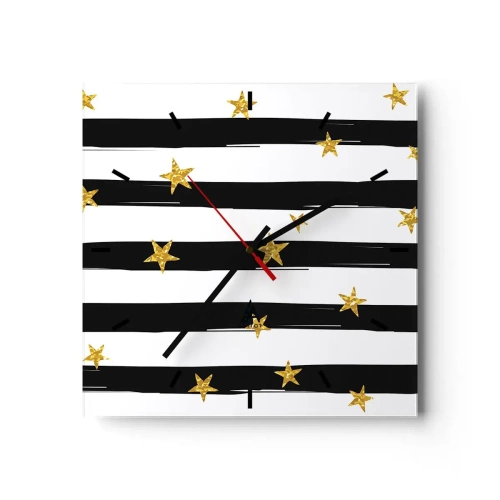Wanduhr - Glasuhr - Schwarz-weiße Streifen mit goldenen Sternen - 30x30cm - Wir wurden alle unter einem glücklichen Stern geboren - Moderne Wanddekoration für Wohnzimmer und Schlafzimmer ARTTOR