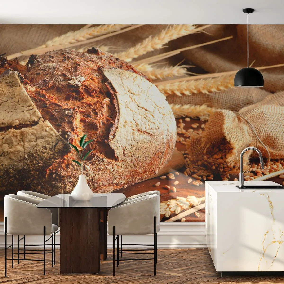 Fototapete Premium Canvas - Appetitanregend, duftend, knackig - Brot, Weizenkorn, Gastronomie - 250x175 cm