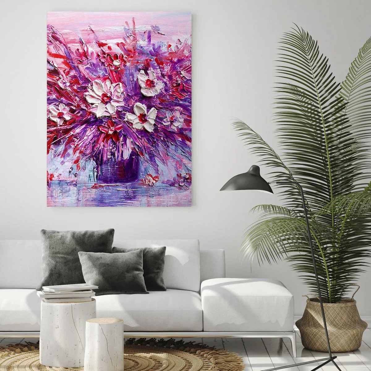 Glasbild - Bild auf glas - Ein bunter Blumenstrauß in Rosa- und Lilatönen - 80x120cm - Unschuld und Leidenschaft - Moderne Wanddekoration für Wohnzimmer und Schlafzimmer ARTTOR