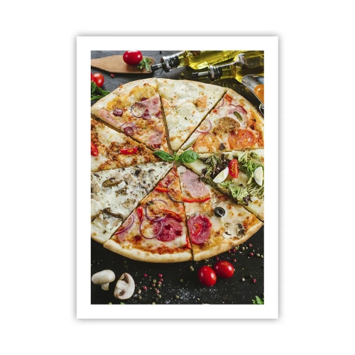 Poster - Bunte Pizza in verschiedene Stücke aufgeteilt - 50x70cm - Eine Reihe von Geschmacksrichtungen - Moderne Wanddekoration für Wohnzimmer und Schlafzimmer ARTTOR