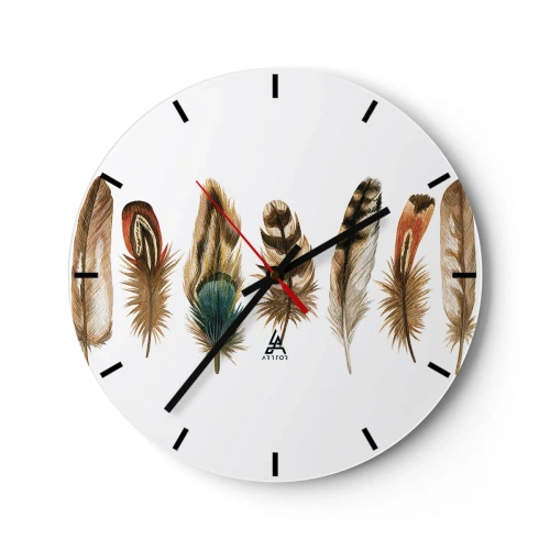 Wanduhr - Glasuhr - Bunte Federn in kunstvoller Anordnung - 30x30cm - Eine federleichte Variante - Moderne Wanddekoration für Wohnzimmer, Küche und Schlafzimmer ARTTOR