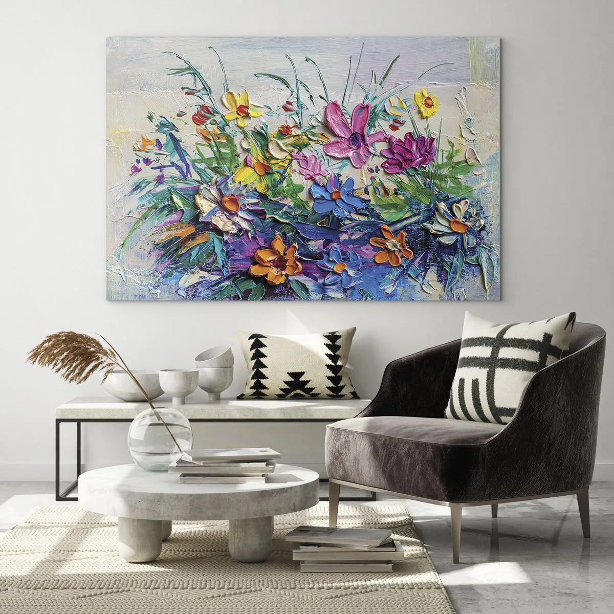 Glasbild - Bild auf glas - Ein farbenfrohes Blumenarrangement im malerischen Stil - 70x50cm - Überhaupt kein Stillleben - Moderne Wanddekoration für Wohnzimmer und Schlafzimmer ARTTOR