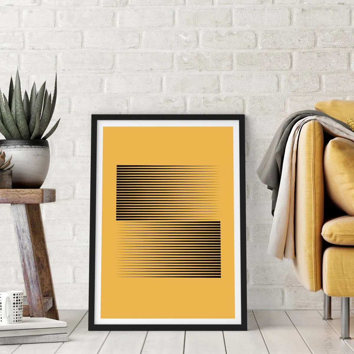 Poster in einem schwarzem Rahmen - Eine minimalistische Linienkomposition auf senffarbenem Hintergrund. - 50x70cm - Quadratur der Gegensätze - Moderne Wanddekoration für Wohnzimmer und Schlafzimmer ARTTOR