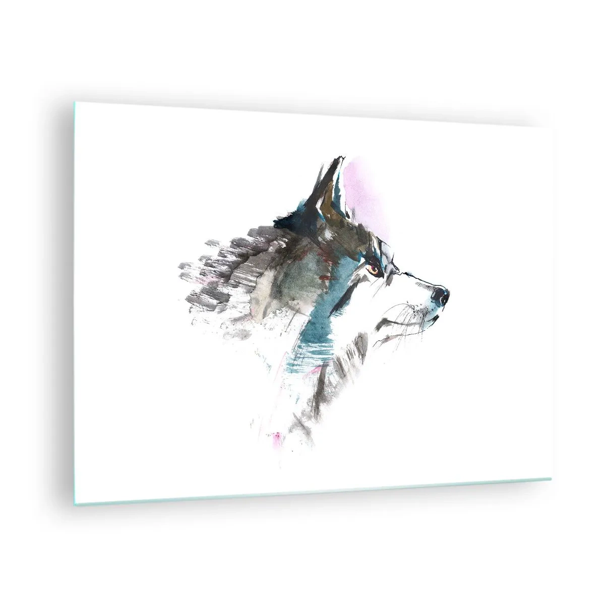 Glasbild - Bild auf glas - Wolf im künstlerischen Aquarellstil auf weißem Hintergrund - 70x50cm - Vom Teufel sprechen - Moderne Wanddekoration für Wohnzimmer und Schlafzimmer ARTTOR