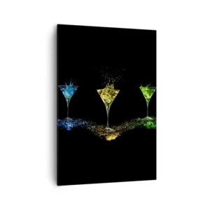 Bild auf Leinwand - Leinwandbild - Bunte Cocktails in Gläsern auf schwarzem Hintergrund - 70x100cm - Farben der Freude in Kristallglas - Moderne Wanddekoration für Wohnzimmer und Schlafzimmer ARTTOR