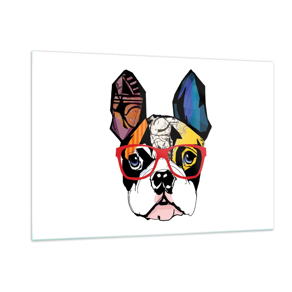 Glasbild - Bild auf glas - Bulldogge trägt bunte Brille auf weißem Hintergrund - 120x80cm - Intellektuelle - Moderne Wanddekoration für Wohnzimmer und Schlafzimmer ARTTOR